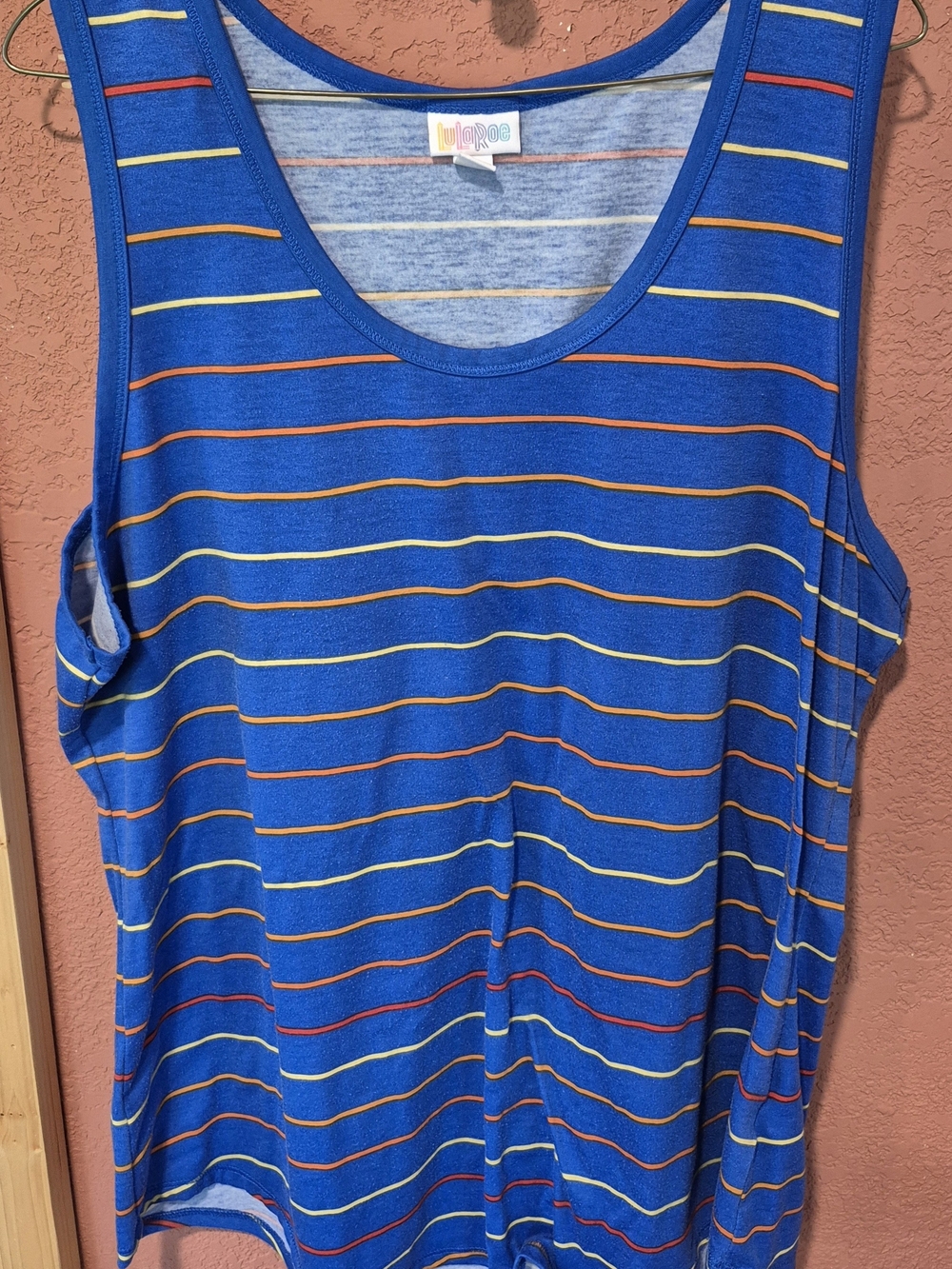LuLaRoe Blue Heather Stripe Tee with Multicolor Logo